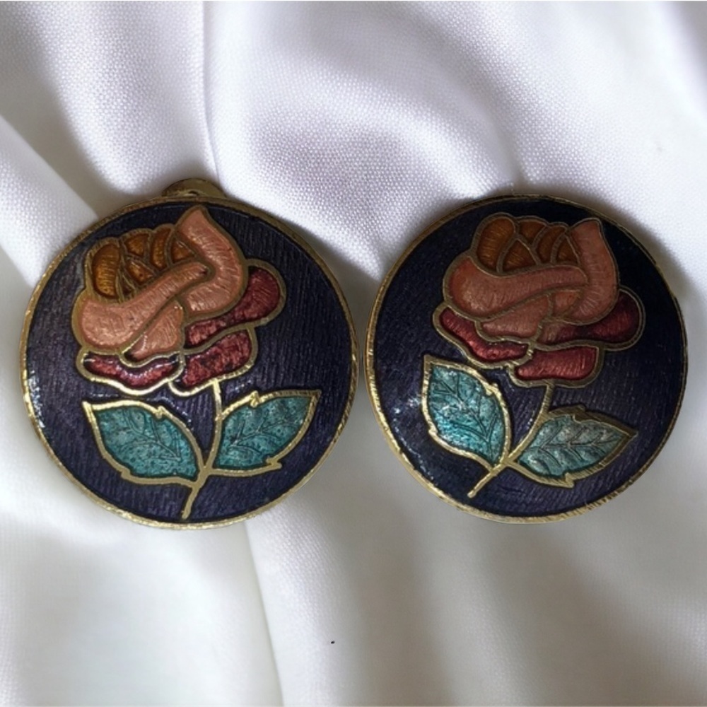 VTG colourful floral enamel Clip on earrings roses red green blue gold Festival